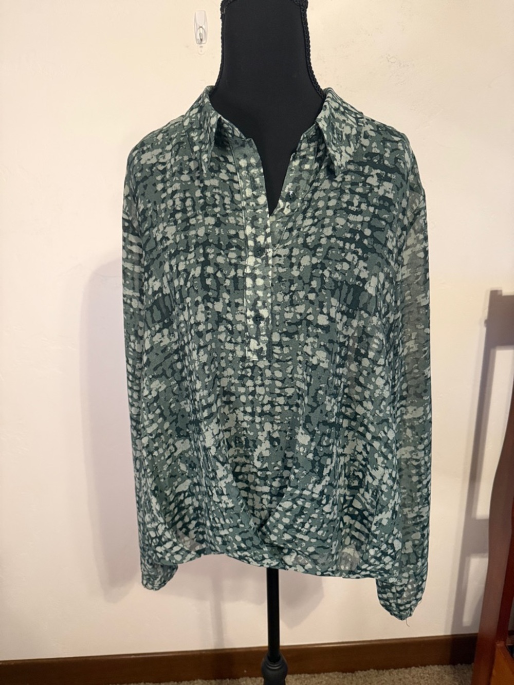 CAbi  Green Abstract Dot Split-Neck Blouse